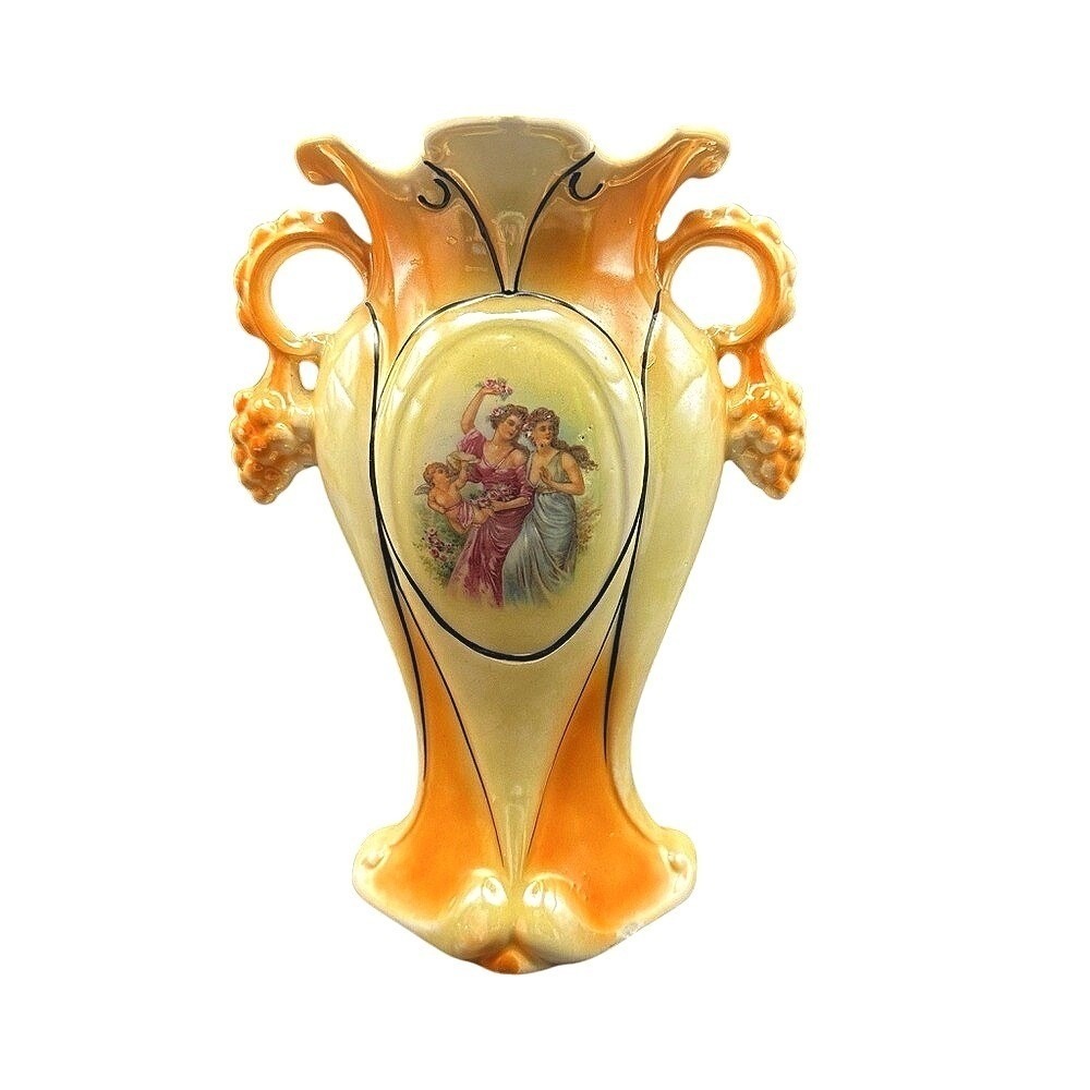 Vintage Iridescent Ceramic Vase Classical Scene Grape Handles Apricot Cream